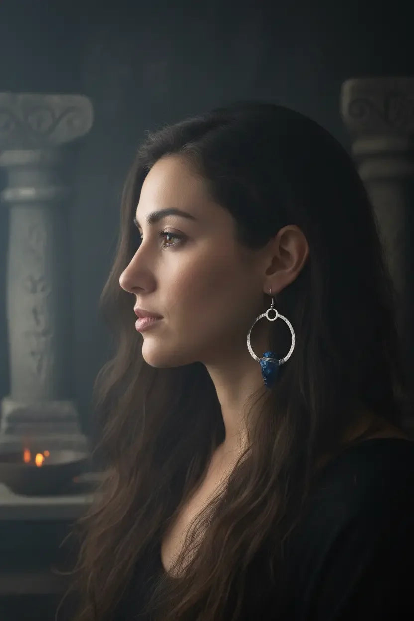 Obsidian Arrowhead Silver Earrings - Model wearing (smaller proportions)