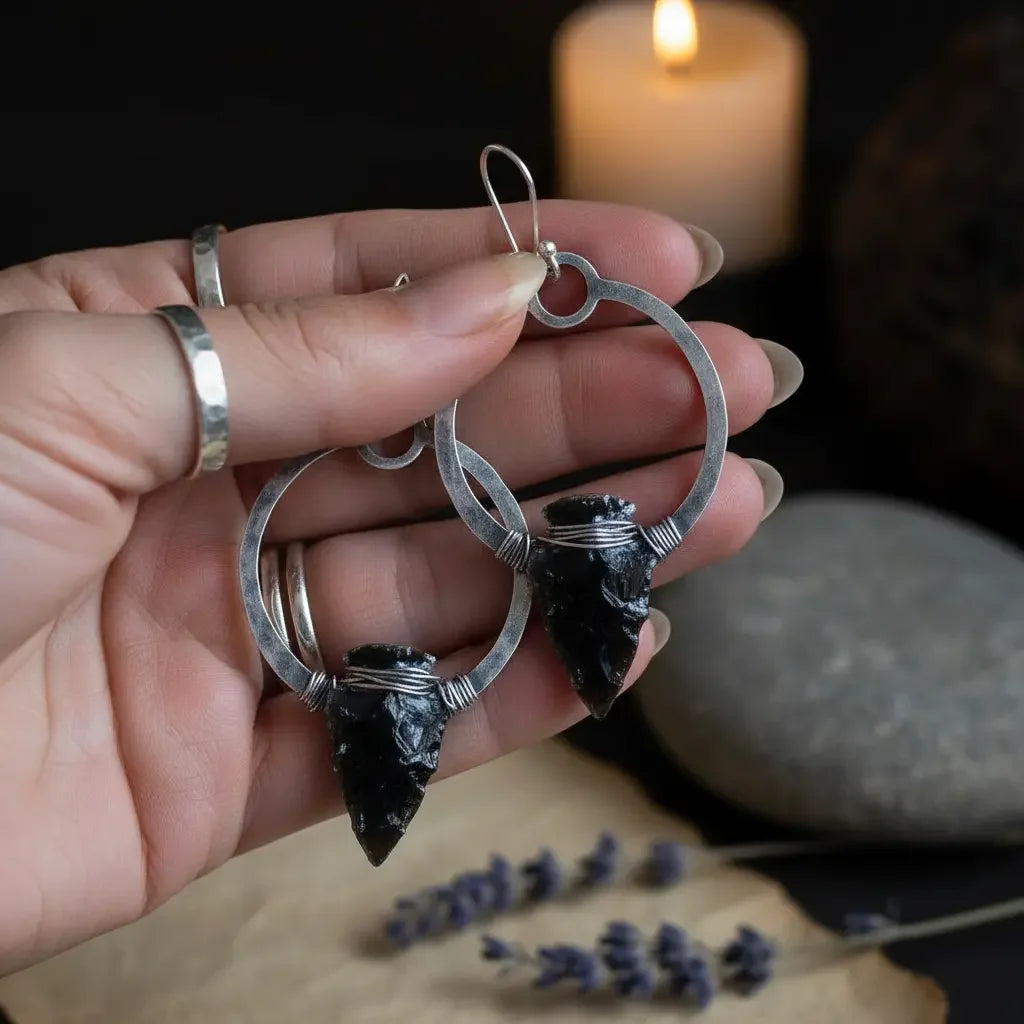 Obsidian Arrowhead Silver Earrings - Hand scale (correct size)
