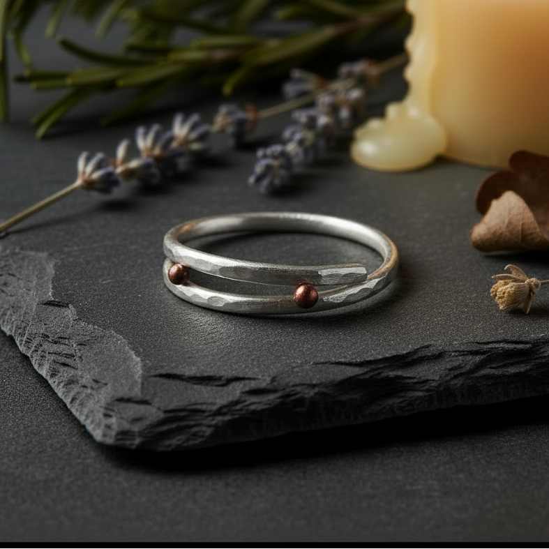 Hammered Silver Ring with Bronze Balls - Dark Slate