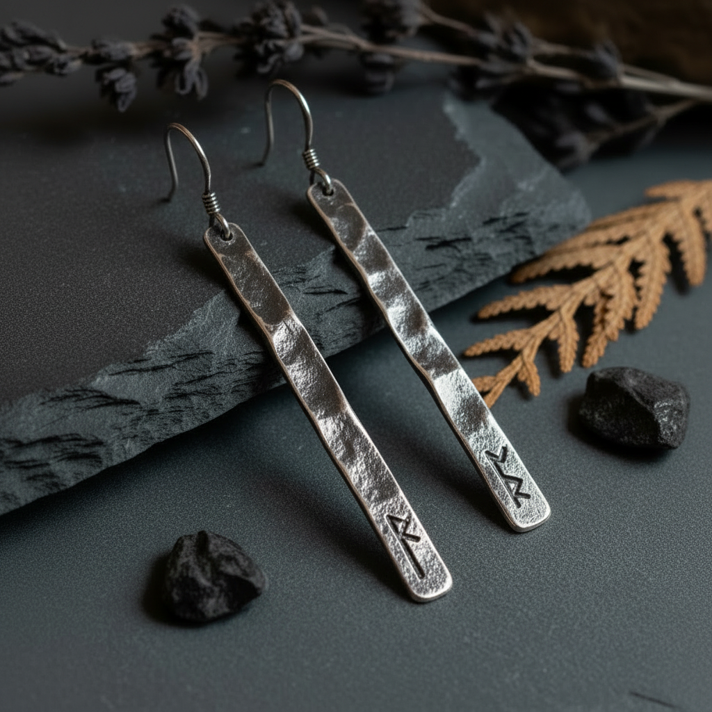 Pair of long hammered sterling silver rune bar dangle earrings flat lay on dark slate with dried lavender and botanicals