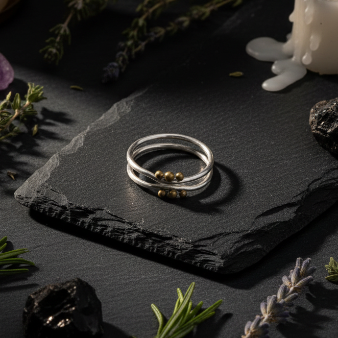 Trinity Moon double band ring on dark ritual flat lay with herbs, crystals and candle