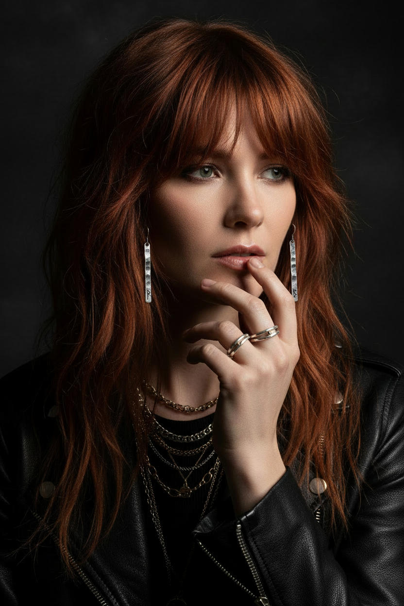 Redheaded model hand near face showing rune bar dangle earrings and stacked rune rings, talismanic jewelry editorial