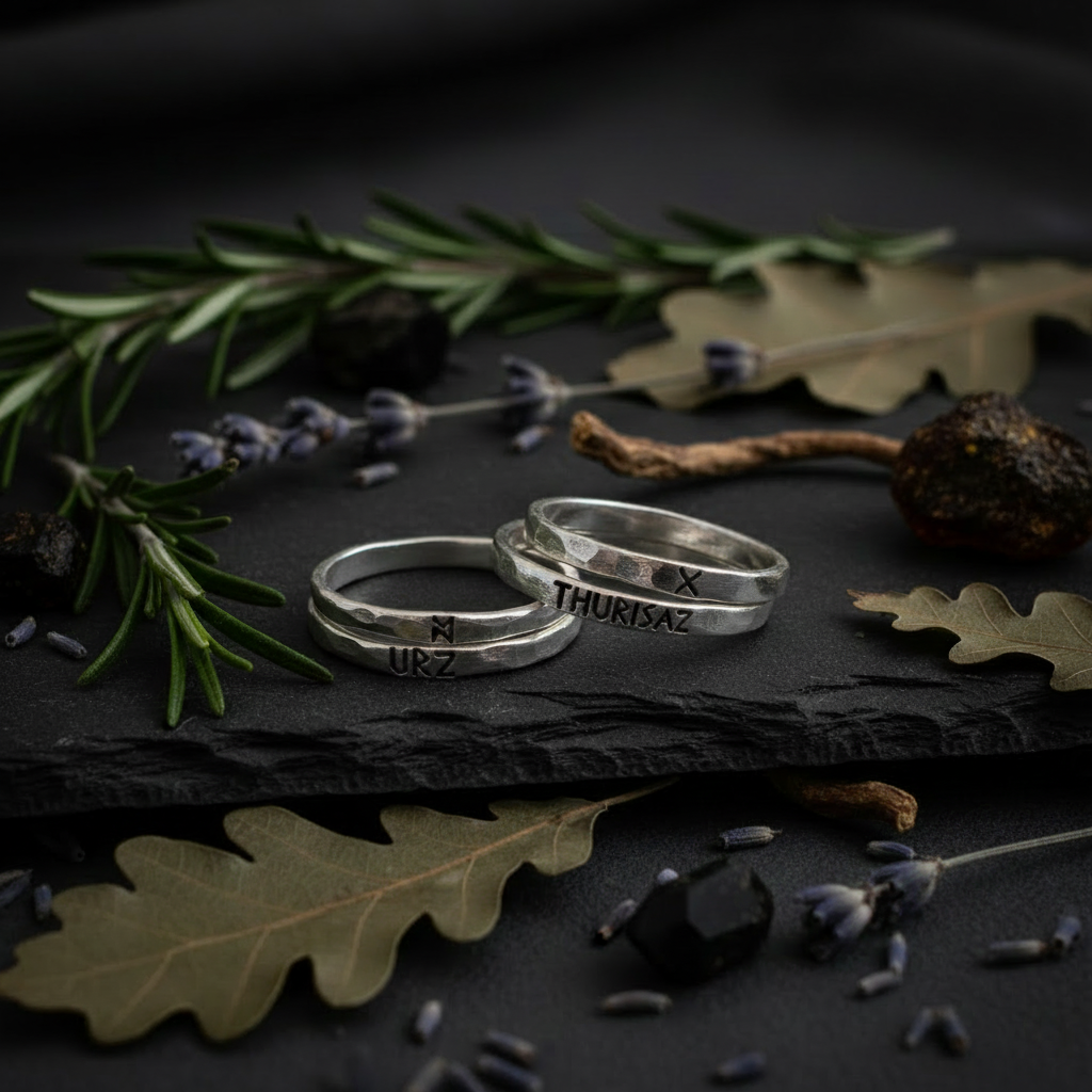 Three slim sterling silver rune stacking bands on dark slate with dried lavender and oak leaves, talismanic jewelry product photography