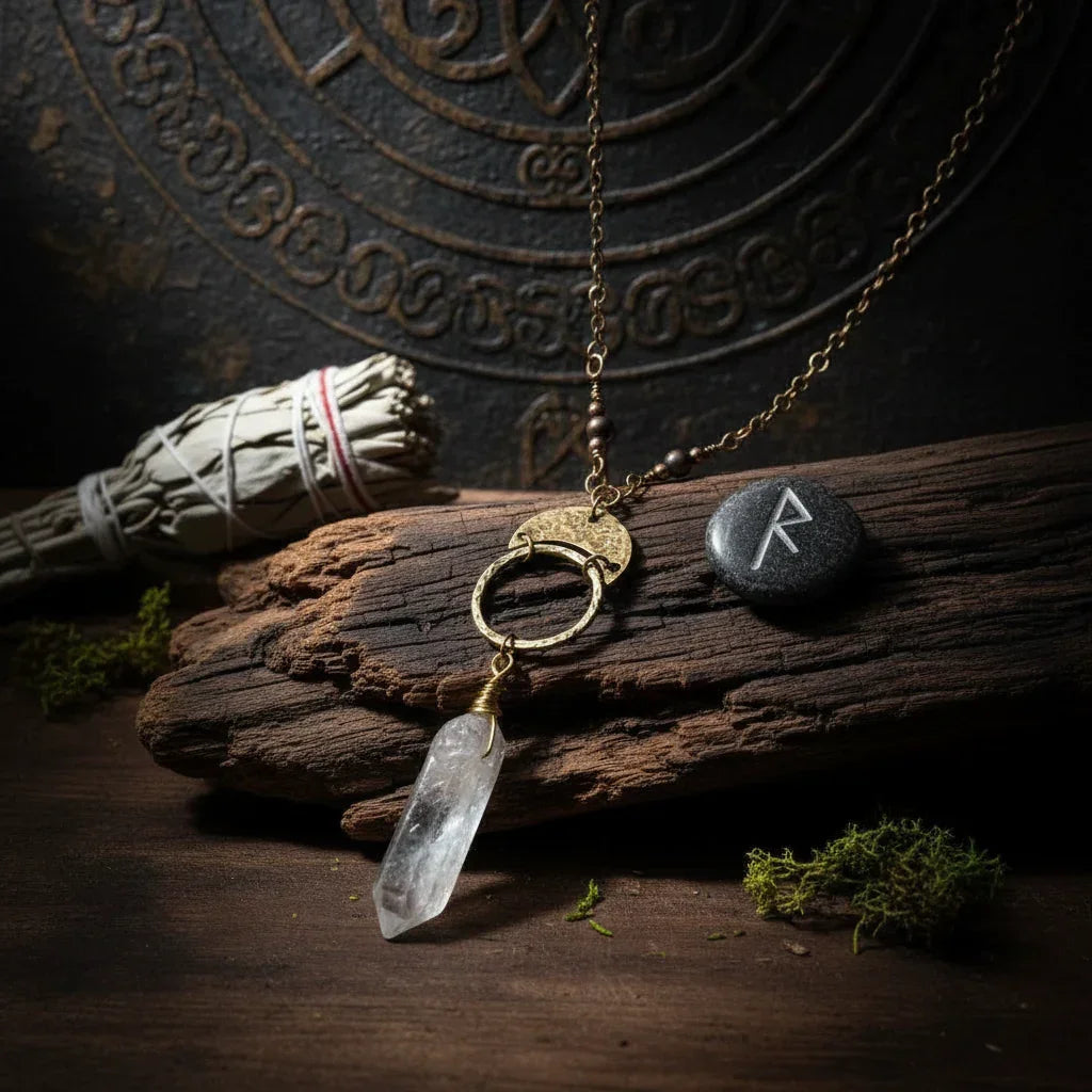 Quartz Crescent Moon Necklace - Ancient mystical style 1