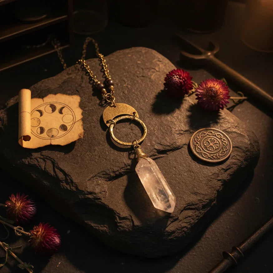 Quartz Crescent Moon Necklace - Ancient mystical style 3