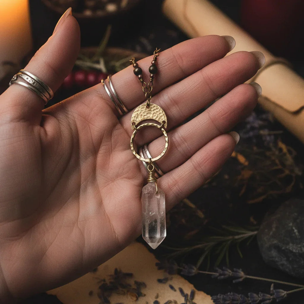 Quartz Crescent Moon Necklace - Hand scale