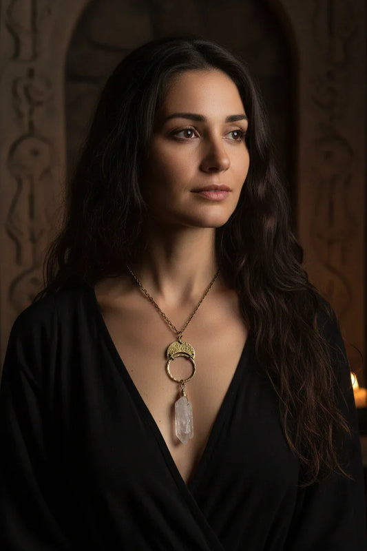 Quartz Crescent Moon Necklace - Model wearing (corrected proportions)