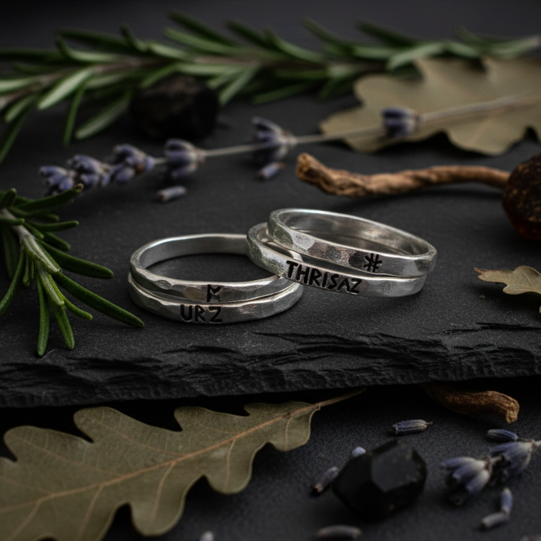 Slim sterling silver rune band rings on dark slate with botanical props, hammered texture with 3mm rune stamps, Studio Scoria talismanic jewelry