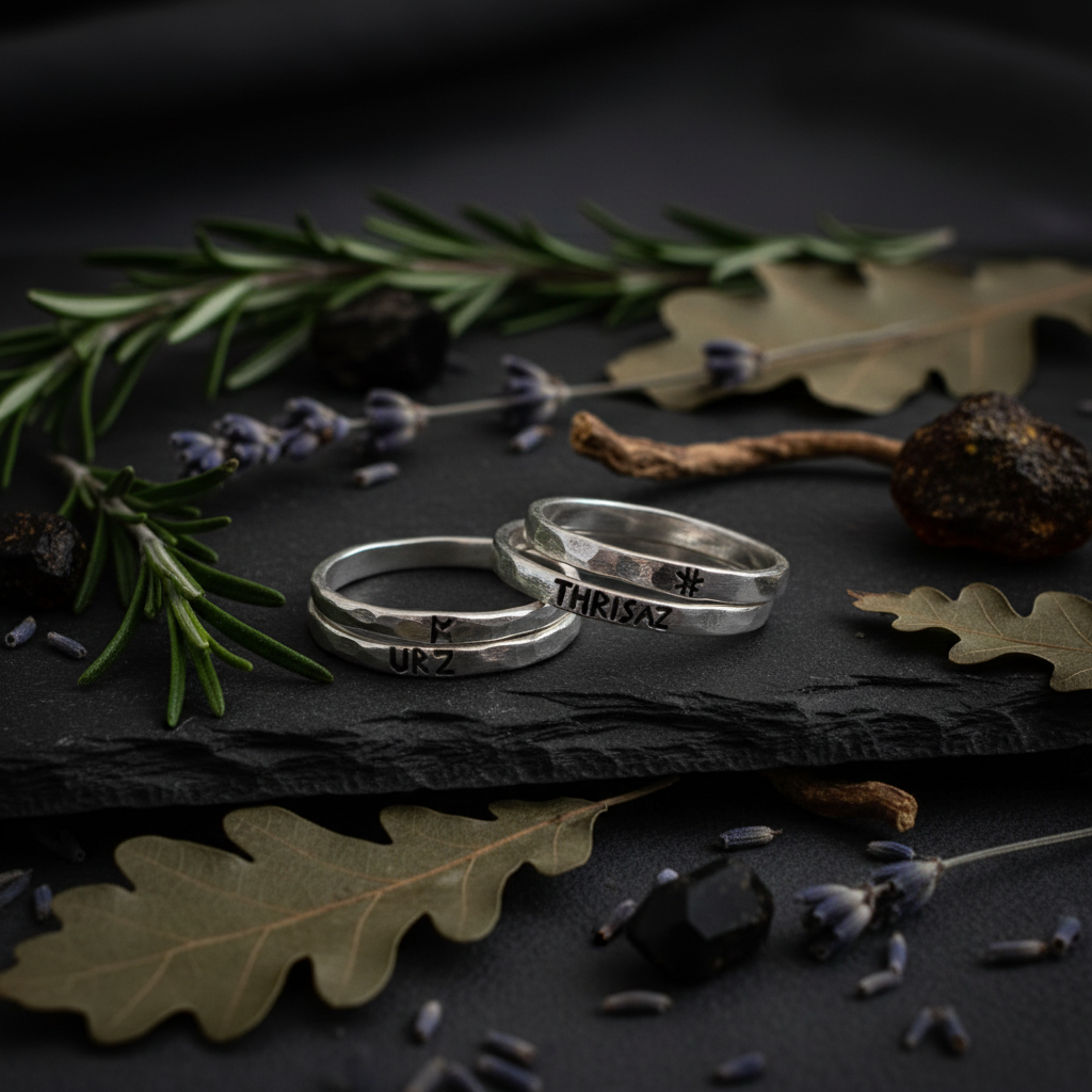 Two slim hammered sterling silver rune stacking bands with Elder Futhark rune stamps, styled on dark slate with rosemary, dried oak leaves and lavender, moody talismanic jewelry product photography