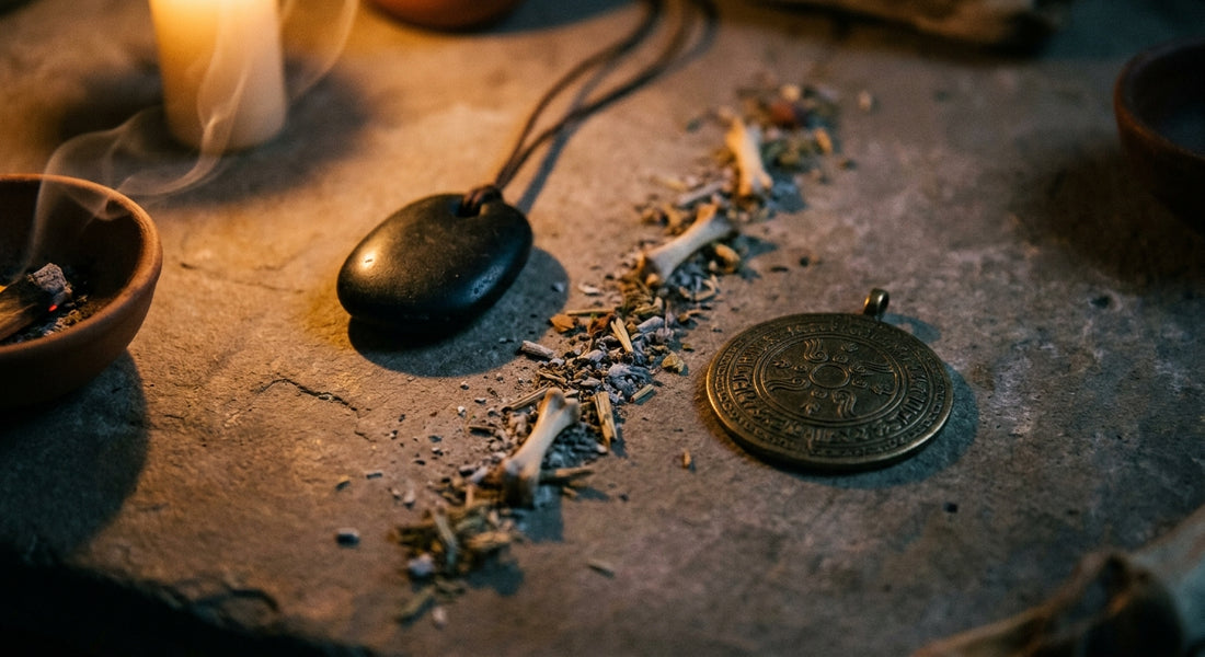Two ancient-looking talismanic objects — a smooth dark pendant and an etched bronze disc — rest on a stone surface in warm candlelight with scattered herbs and a curl of smoke, evoking a sacred ritual atmosphere.