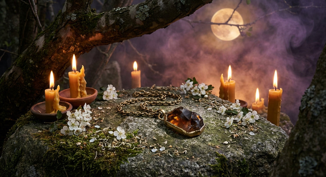 A handcrafted gemstone talisman resting on a moss-covered stone altar surrounded by candlelight, scattered hawthorn blossoms, and a glowing full moon in a smoky amber and violet sky.