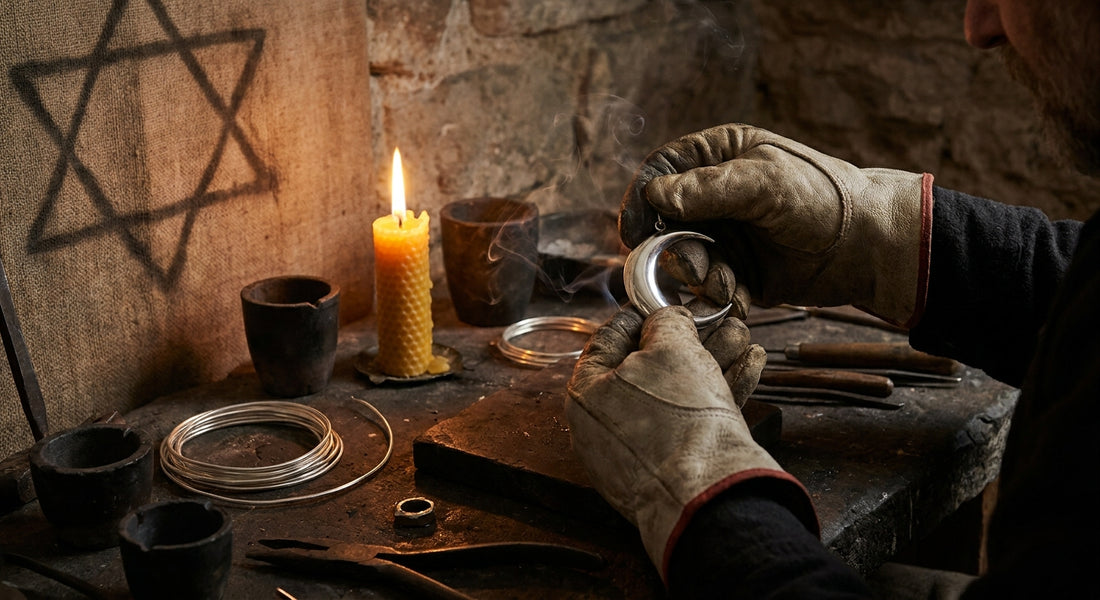 A silversmith's hands holding a handcrafted crescent moon pendant over a candlelit stone workbench surrounded by tools and raw silver.