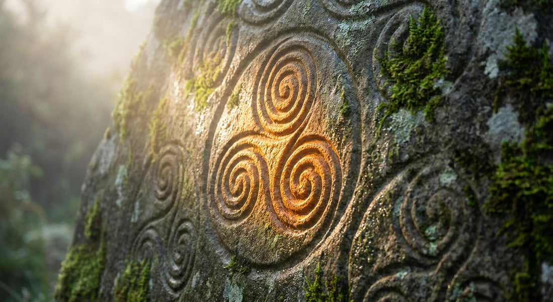 Ancient moss-covered stone engraved with glowing Celtic triple spiral and triskelion carvings illuminated by a golden shaft of solstice light in misty surroundings.