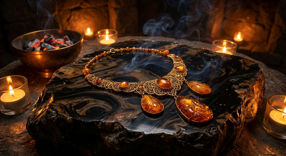 An ornate amber and gold necklace glowing in warm candlelight on a dark obsidian surface, surrounded by drifting wisps of smoke.