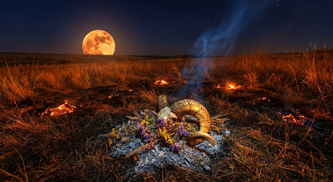 A glowing full moon illuminates a dark autumn landscape with a ram's horn resting on ash and dried flowers, smoke rising into a star-filled indigo sky.