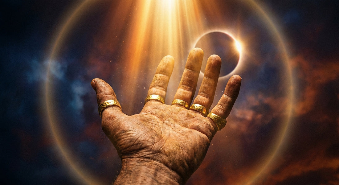 A sun-drenched hand wearing hammered gold rings held open beneath a dramatic beam of amber light against a deep indigo and eclipse-toned background.