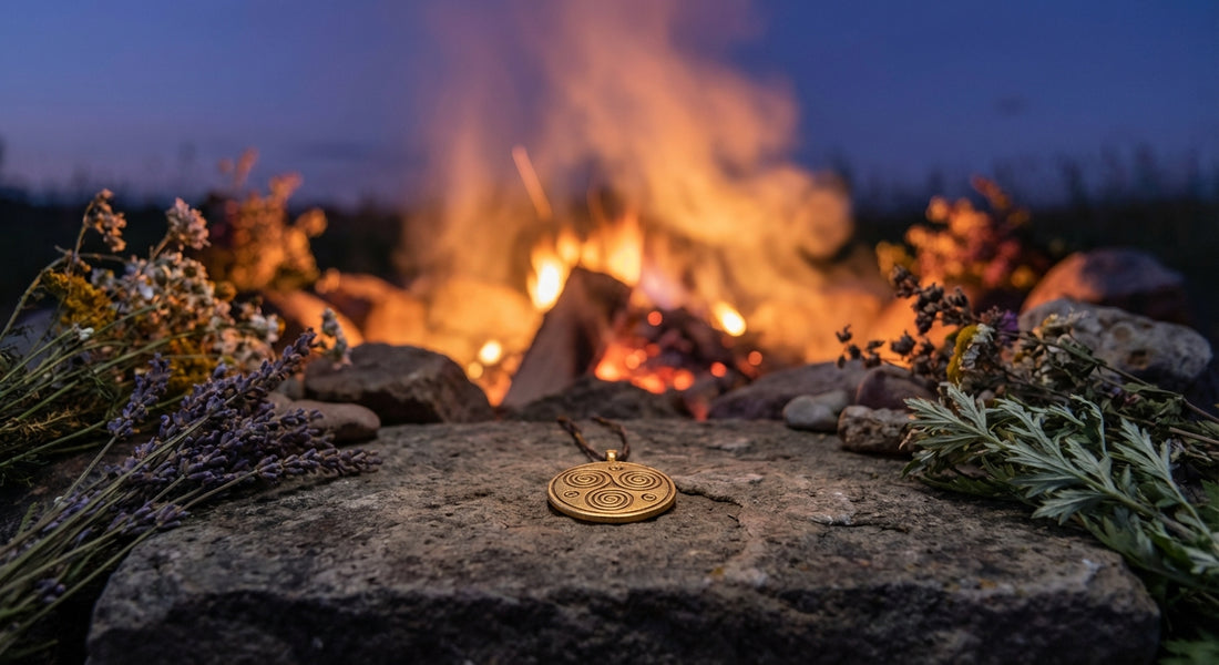 A golden talisman pendant resting on a stone altar surrounded by herbs and wildflowers, with a glowing solstice bonfire and rising embers in the pre-dawn background.