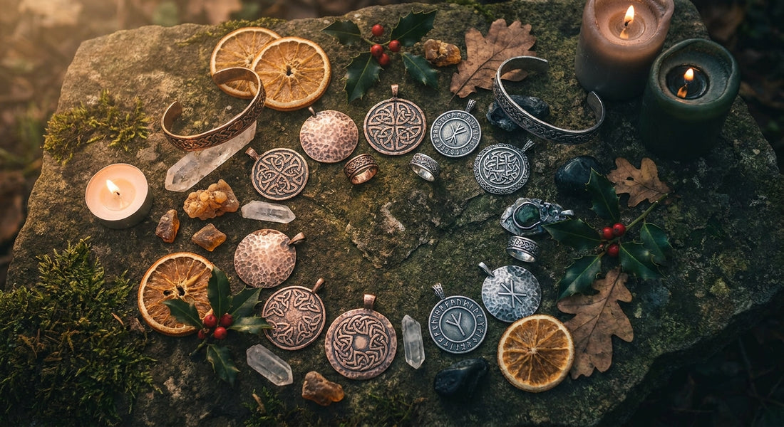 A circular arrangement of handcrafted metal talismans and seasonal botanical offerings on a stone surface, evoking the sacred Wheel of the Year in moody, candlelit tones.