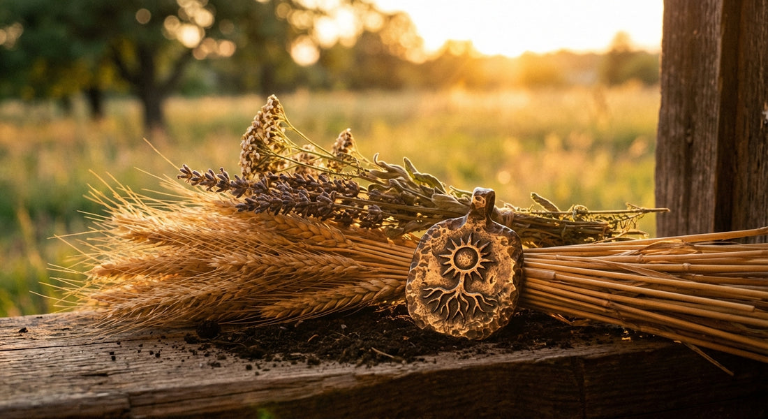 A hand-forged bronze talisman resting among golden wheat sheaves and dried herbs in warm late-summer amber light, evoking a sacred harvest ritual.