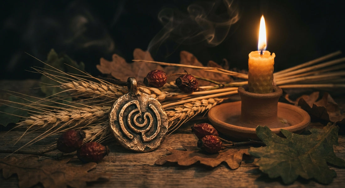 A handcrafted bronze talisman pendant resting among dried wheat, dark autumn leaves, and rosehips, illuminated by warm candlelight against deep moody shadows.