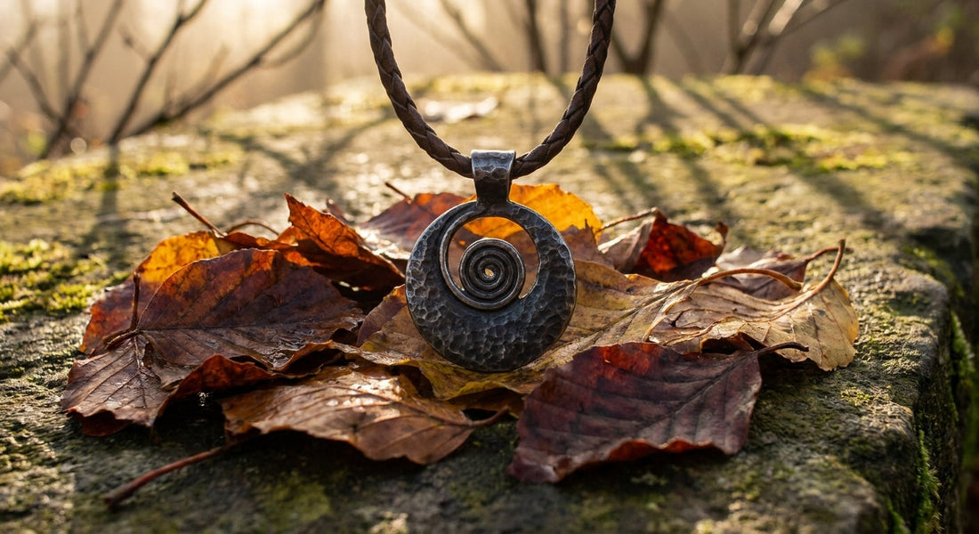 A dark oxidized metal talisman pendant with an ancient spiral motif resting among rich amber and burgundy autumn leaves on a mossy stone surface in warm golden-hour light.