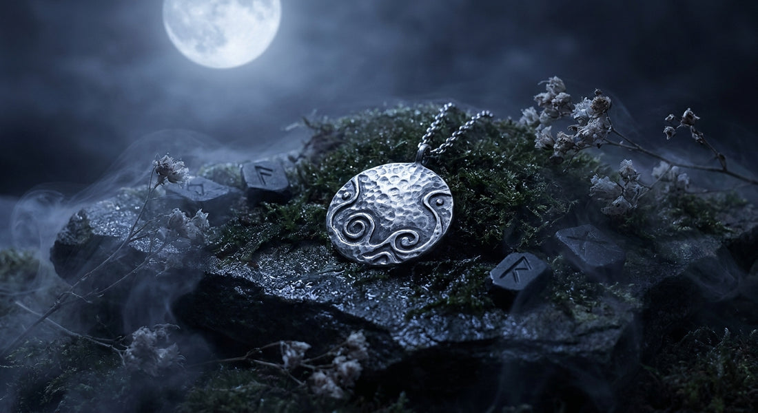 A silver talisman pendant resting on a mossy stone beneath a glowing full moon, surrounded by mist and dried wildflowers in a mystical nighttime setting.