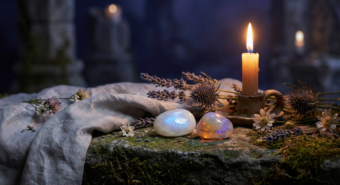Luminous moonstone and opal gemstones arranged on a dark stone altar with dried flowers and a glowing candle, bathed in soft iridescent and golden light.