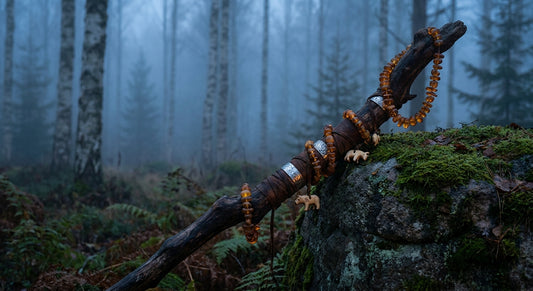 A wooden staff draped with amber beads and silver talismanic jewelry rests against moss-covered stone in a misty Nordic forest at dusk.