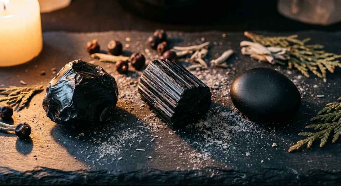 Three distinct black protective stones — obsidian, black tourmaline, and onyx — arranged on a dark slate surface with dried botanicals and warm candlelight casting dramatic shadows.