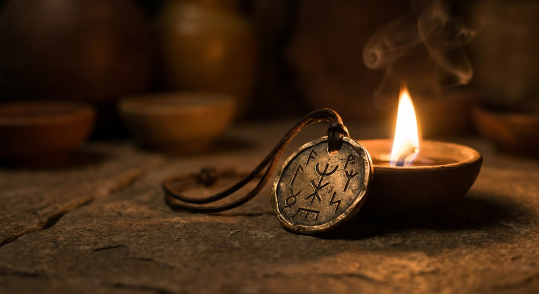 A single handcrafted talisman pendant resting on a stone surface beside the warm glow of a small ritual flame, bathed in amber light and deep shadow.