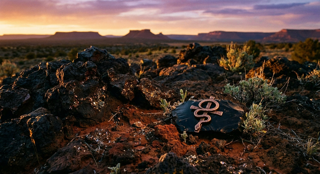 A hand-forged bronze talisman resting on volcanic rock in a golden-hour New Mexico desert landscape, surrounded by red earth, sage, and glowing amber sky over distant mesas.