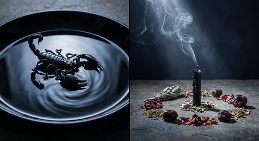 A black scorpion resting in an obsidian ritual dish surrounded by crystals, dried botanicals, and a burning black candle on a dark stone surface, bathed in cold silver light.