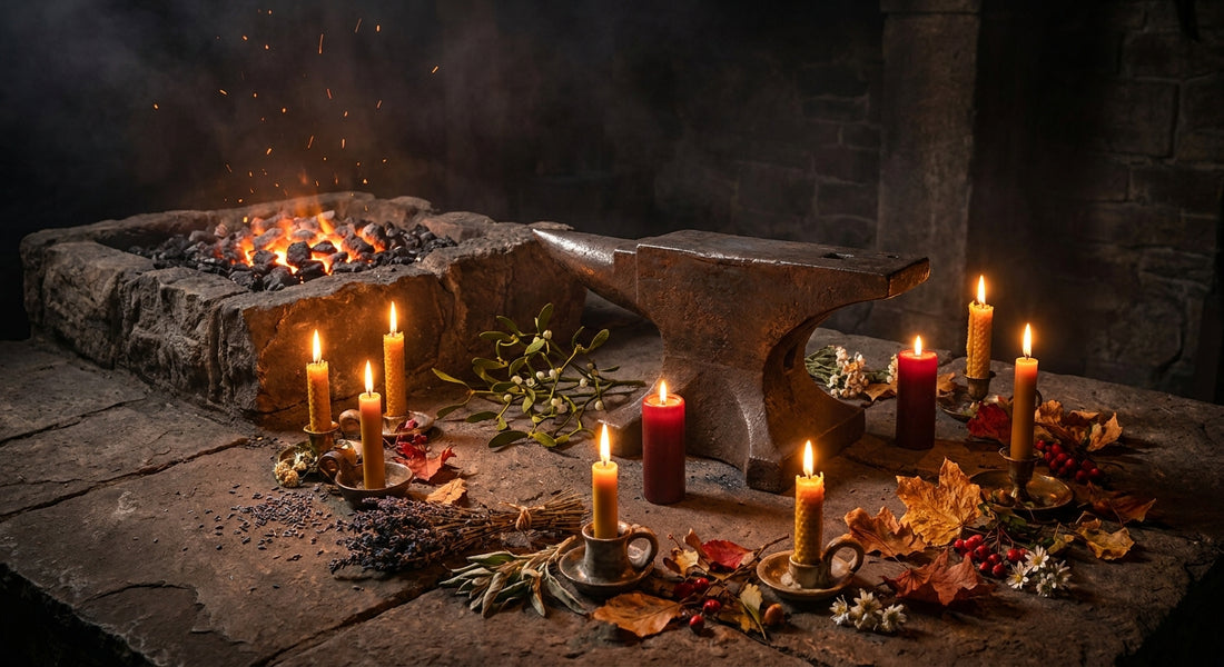 A glowing forge and anvil surrounded by eight candles and seasonal botanicals arranged in a ritual circle, with embers drifting upward through smoky darkness.