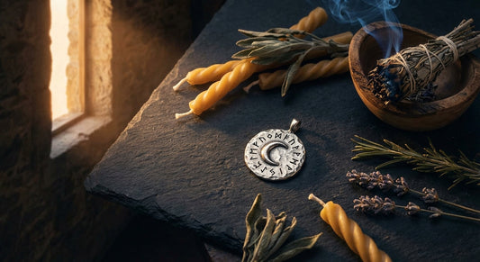 A handcrafted silver talisman pendant arranged on dark slate surrounded by candles, dried herbs, and curling smoke in warm amber light, evoking an ancient cleansing ritual.