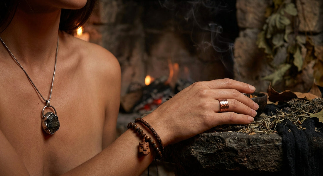 A woman's neck, wrist, and hand adorned with handcrafted talismans in warm candlelight against a dark stone background, evoking sacred ritual and intentional jewelry placement.