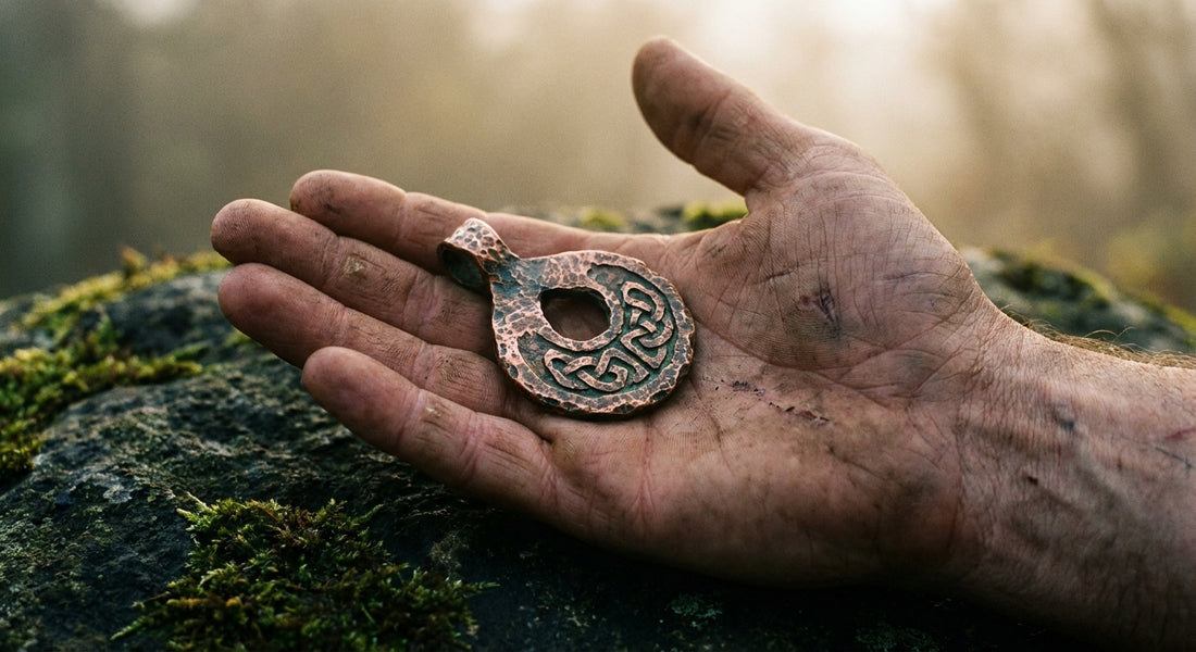 A hand-forged bronze talisman resting in an open, weathered palm on a mossy stone surface, bathed in soft amber light.
