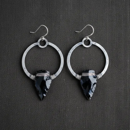 Obsidian Arrowhead Silver Earrings - Clean product shot