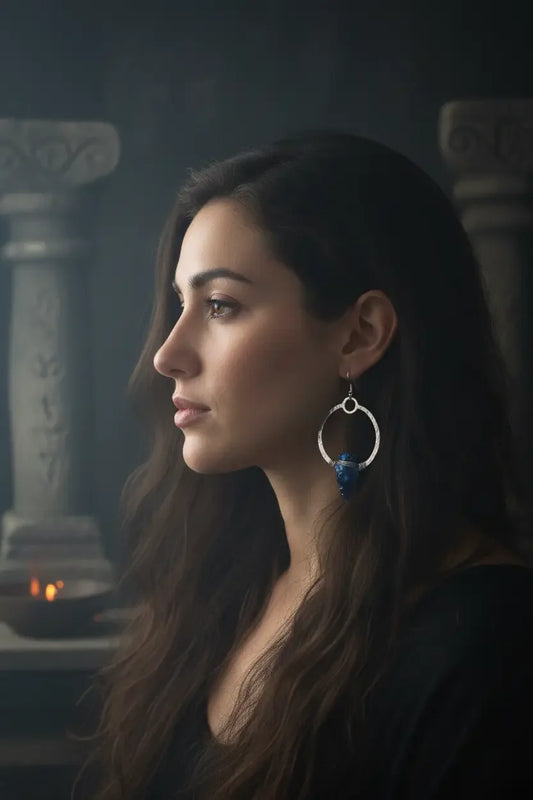Obsidian Arrowhead Silver Earrings - Model wearing (smaller proportions)