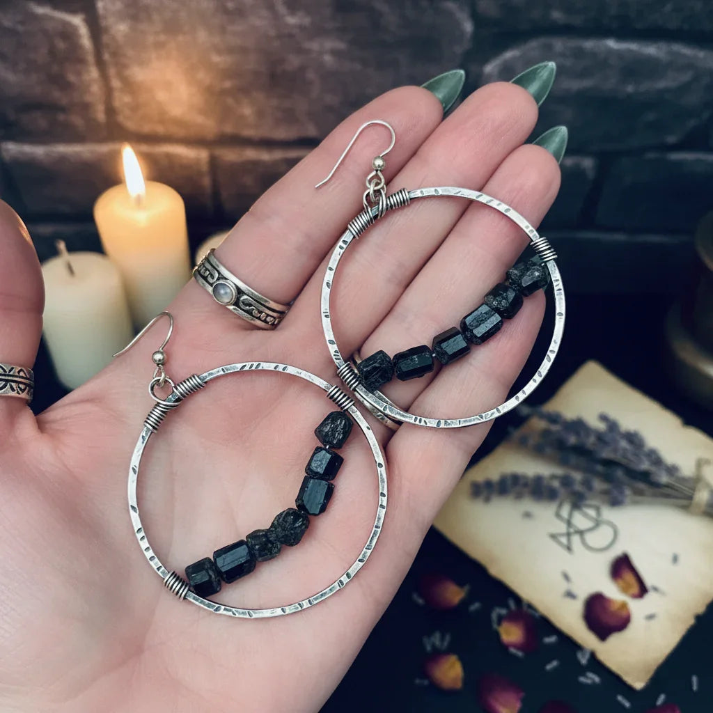 Black Tourmaline Earrings - Hand scale
