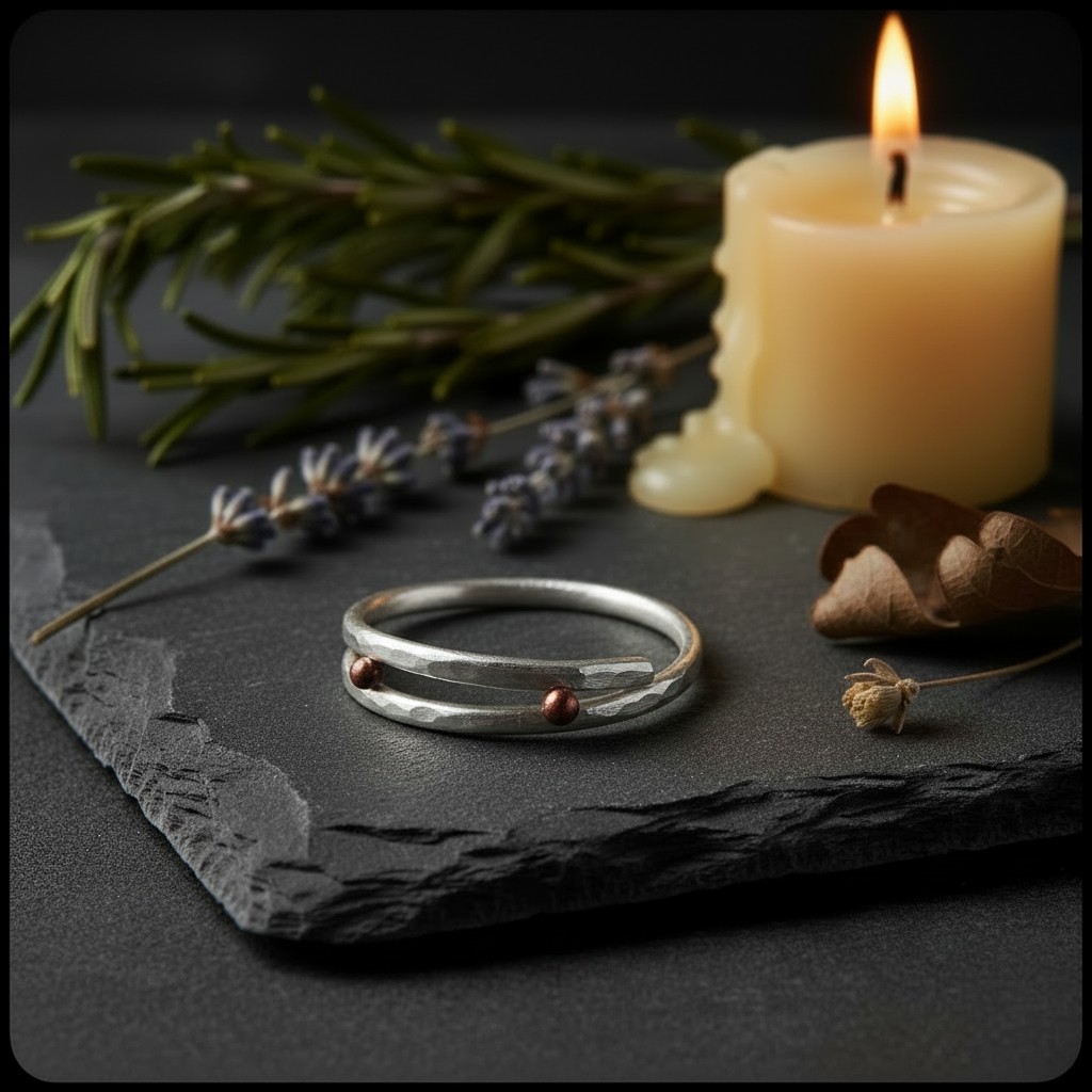 Hammered Silver Ring with Bronze Balls - Dark Slate