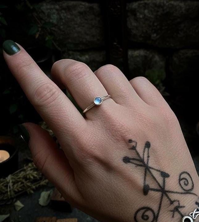 Blue Flash Moonstone Ring - Worn on finger