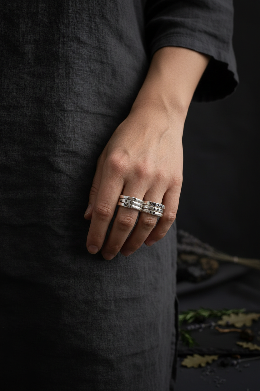 Editorial model wearing slim hammered sterling silver rune stacking bands, dark earthy styling, talismanic jewelry