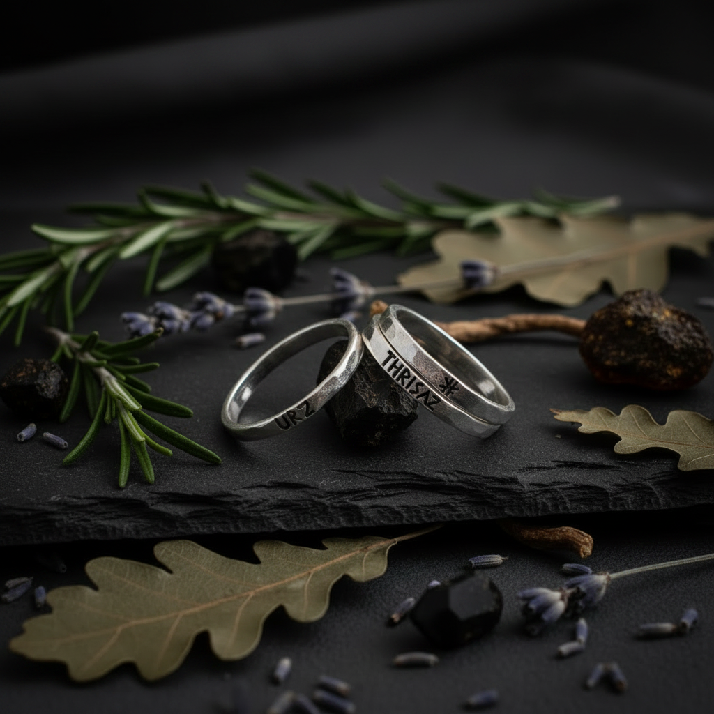 Slim sterling silver rune bands with dark stone and dried rosemary, candlelight, ritual jewelry photography