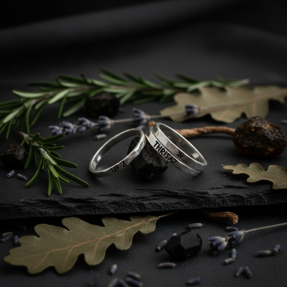 Slim sterling silver rune bands with dark stone and dried rosemary, candlelight, ritual jewelry photography