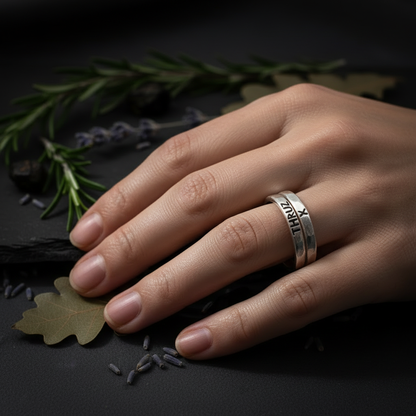 Close-up of hand wearing slim hammered sterling silver rune stacking bands, Elder Futhark rune stamps, moody dark background
