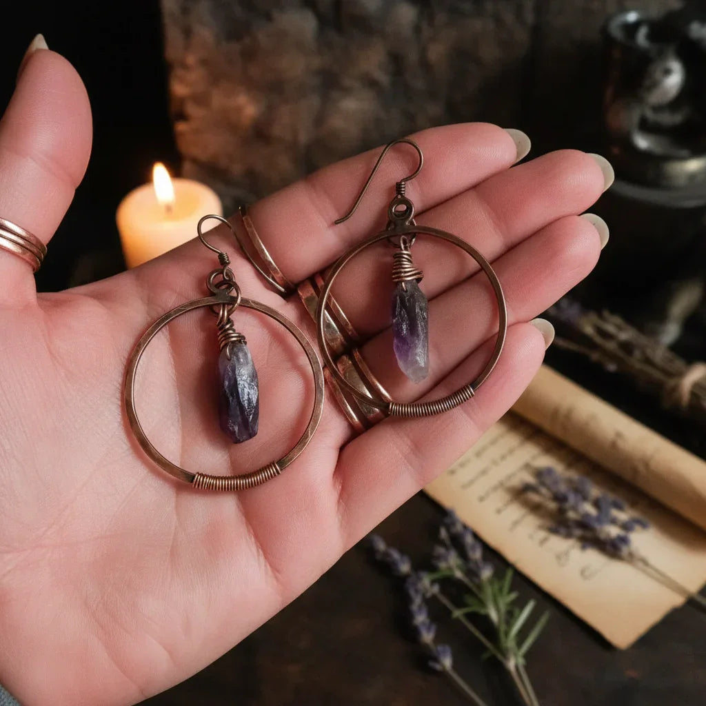 Raw Amethyst Earrings - Hand scale