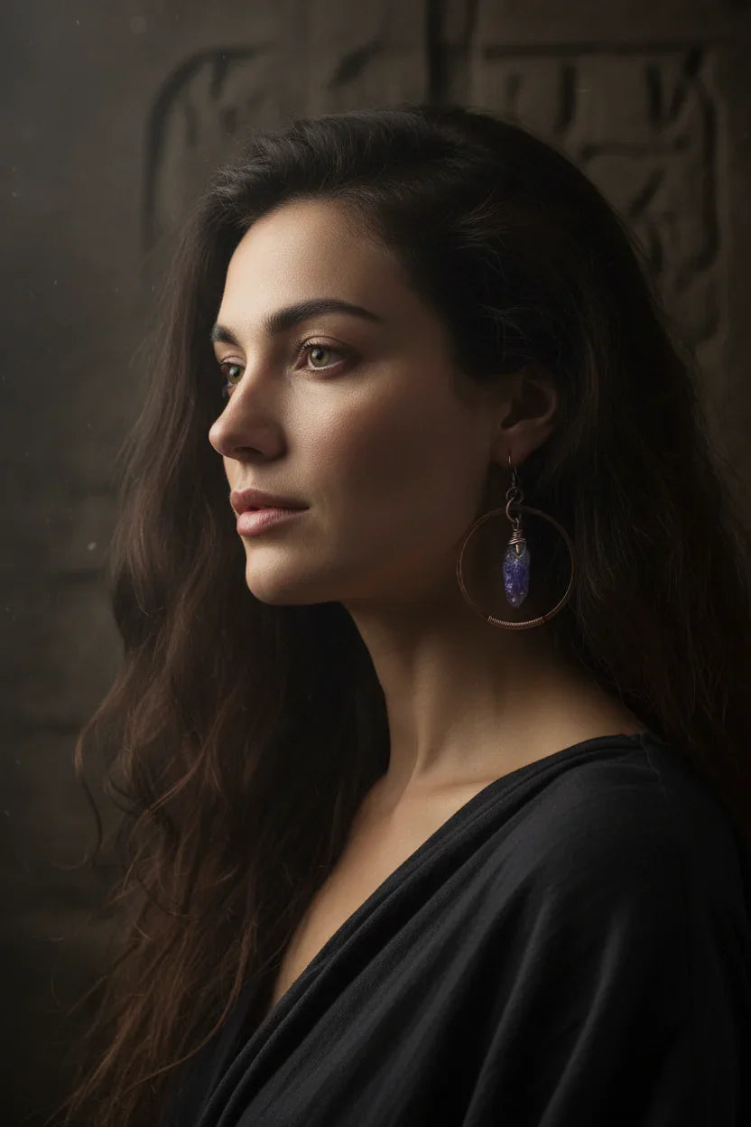 Raw Amethyst Earrings - Model wearing
